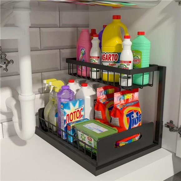Sink Organizer, Pull Out Cabinet Organizer 2 Tier Slide Out Sink Shelf Cabinet - Picture 4 of 6